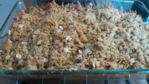 Baked oat and fruit crumble in a dish