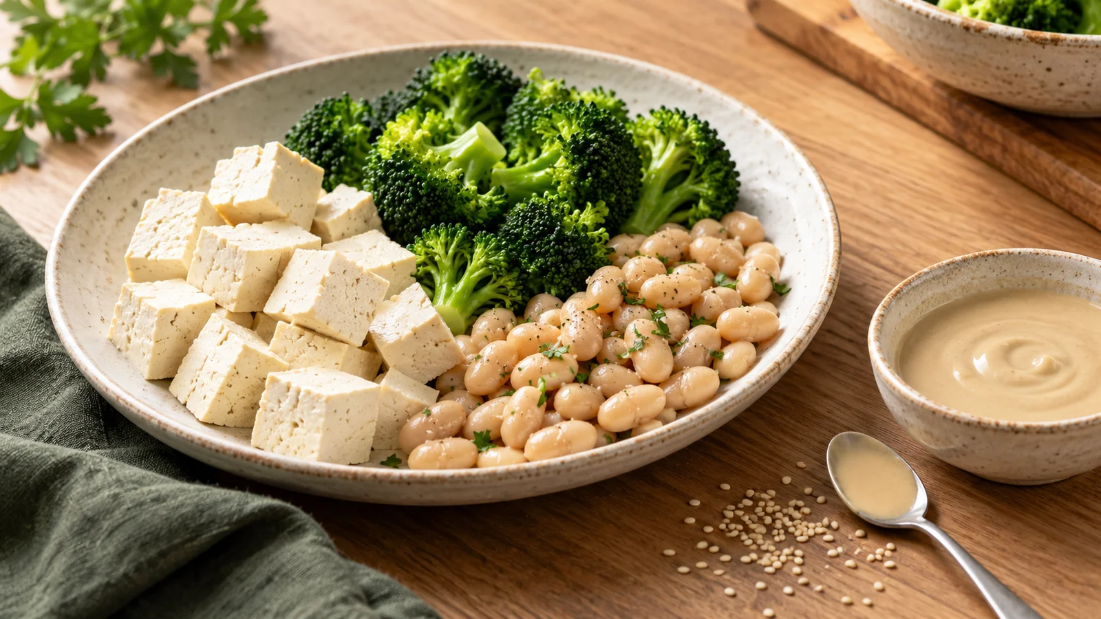 Tofu cubes, broccoli and white beans on a ceramic platter beside a bowl of tahini and sesame seeds