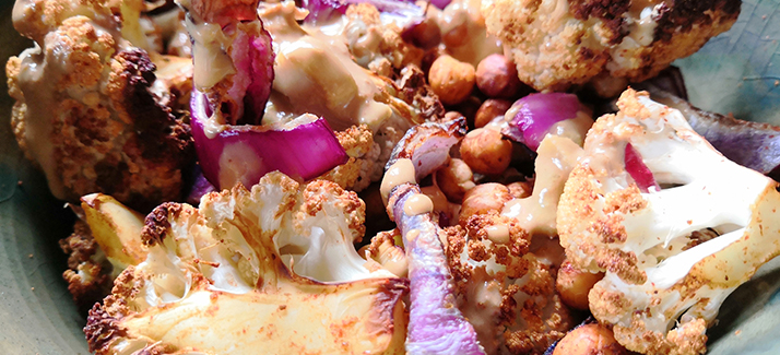 You are currently viewing Baked Cauliflower, Chickpea & Tahini Dressing